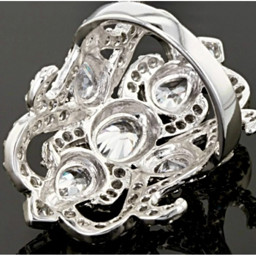 3.8 Carat DEW CZ Cocktail Statement Ring 925 Sterling Silver Rhodium Plated